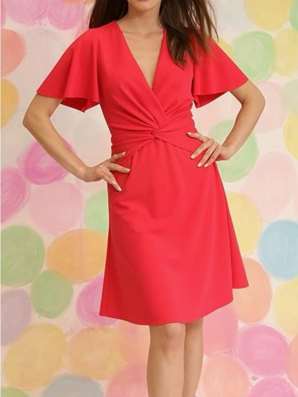 Maggy London Red Twist-Front V-Neck Midi Dress